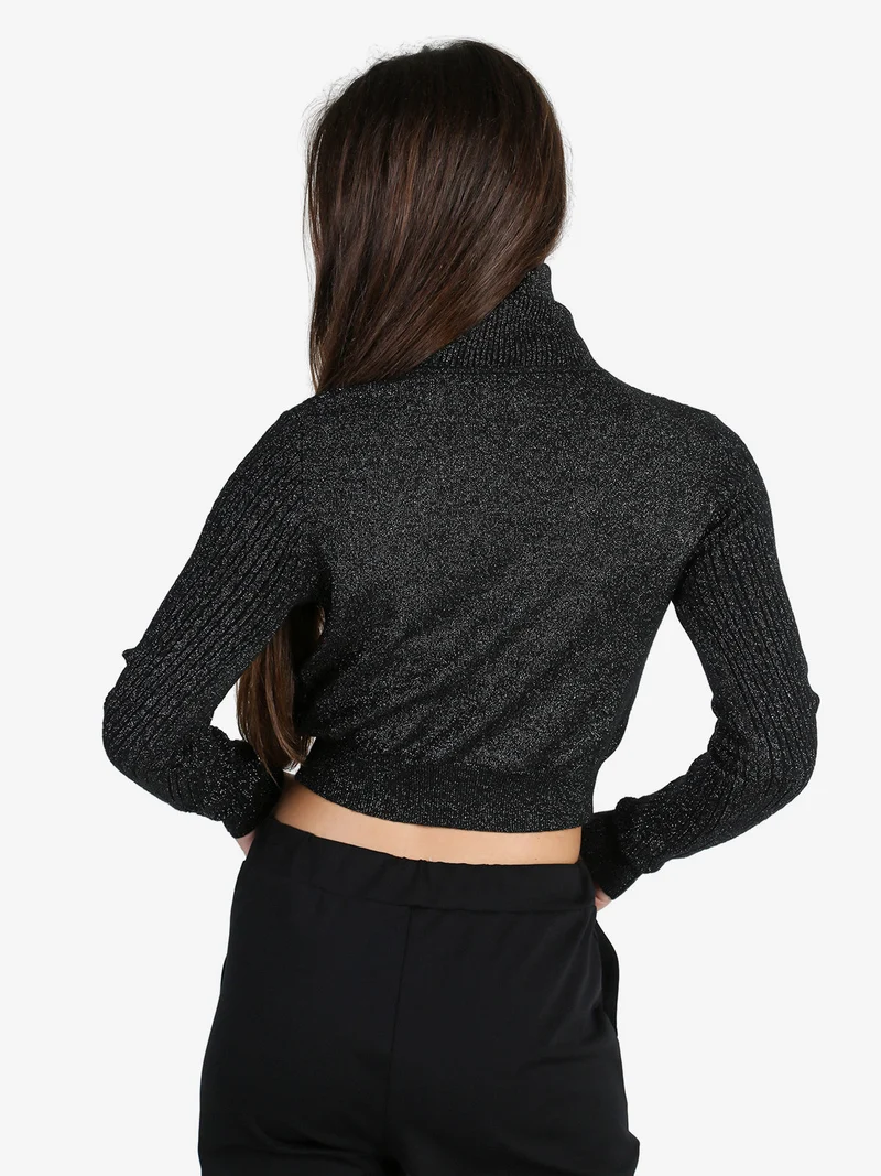 Maglia dolcevita donna a trecce con lurex - nero