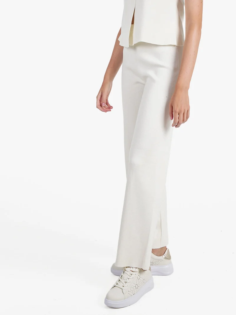 Pantaloni donna in maglia a gamba larga - beige