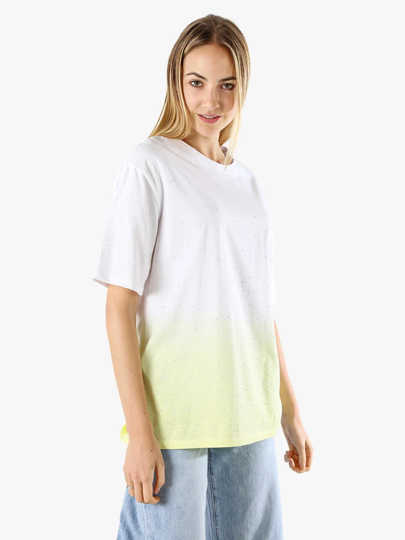 T-shirt donna oversize con strass e sfumatura - giallo