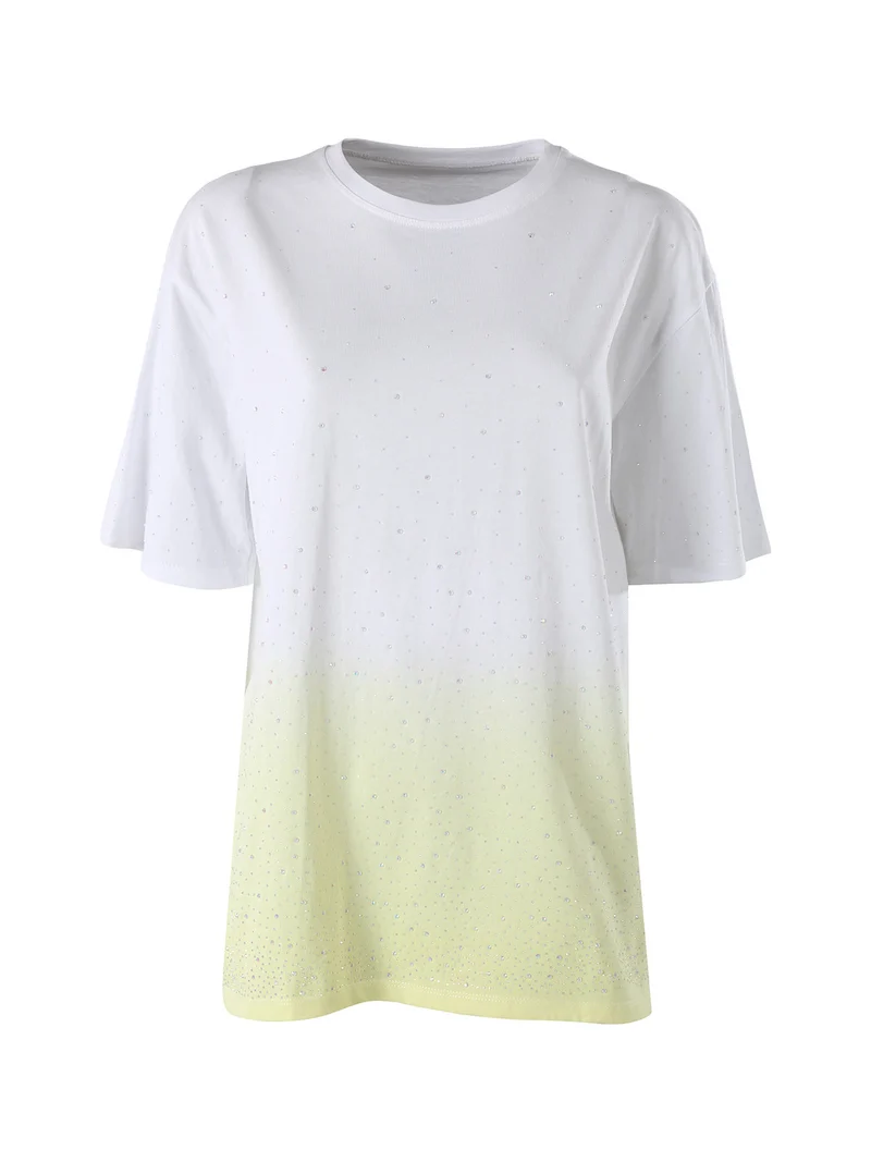 T-shirt donna oversize con strass e sfumatura - giallo