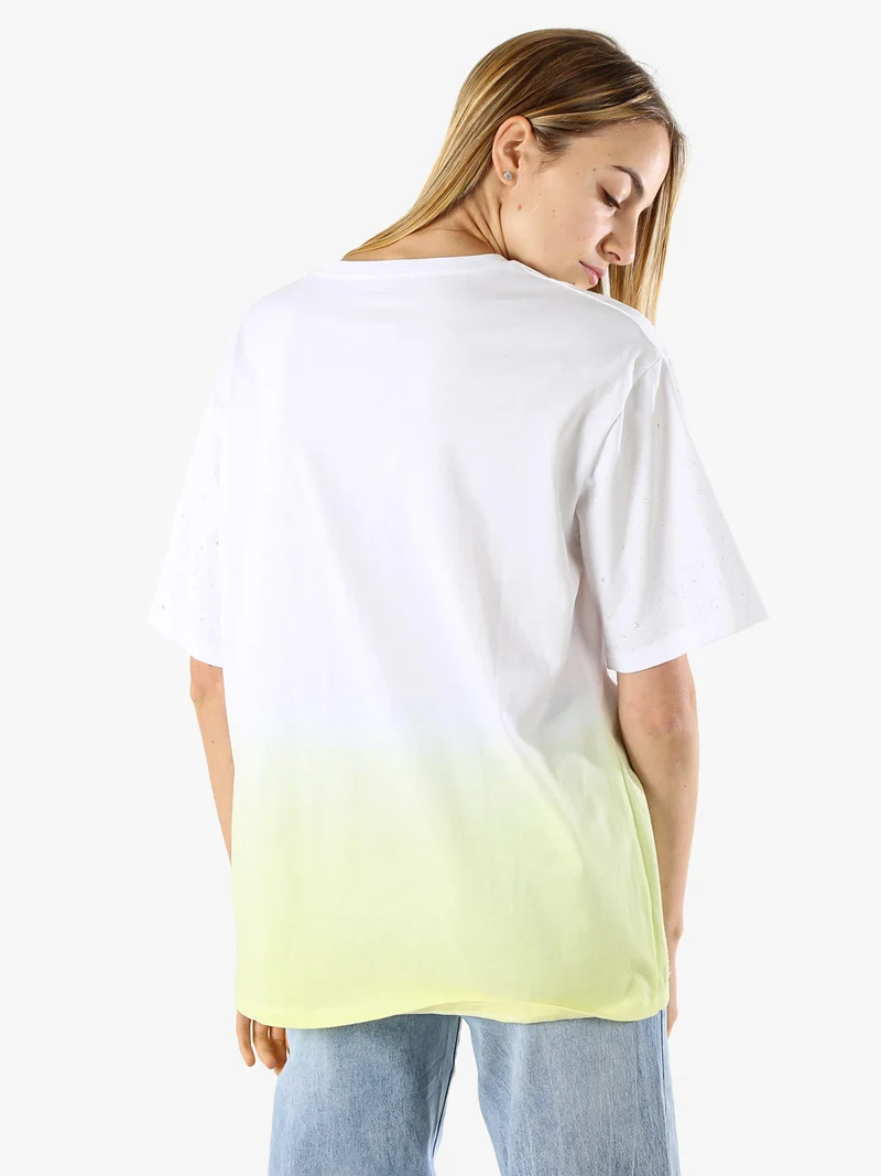 T-shirt donna oversize con strass e sfumatura - giallo