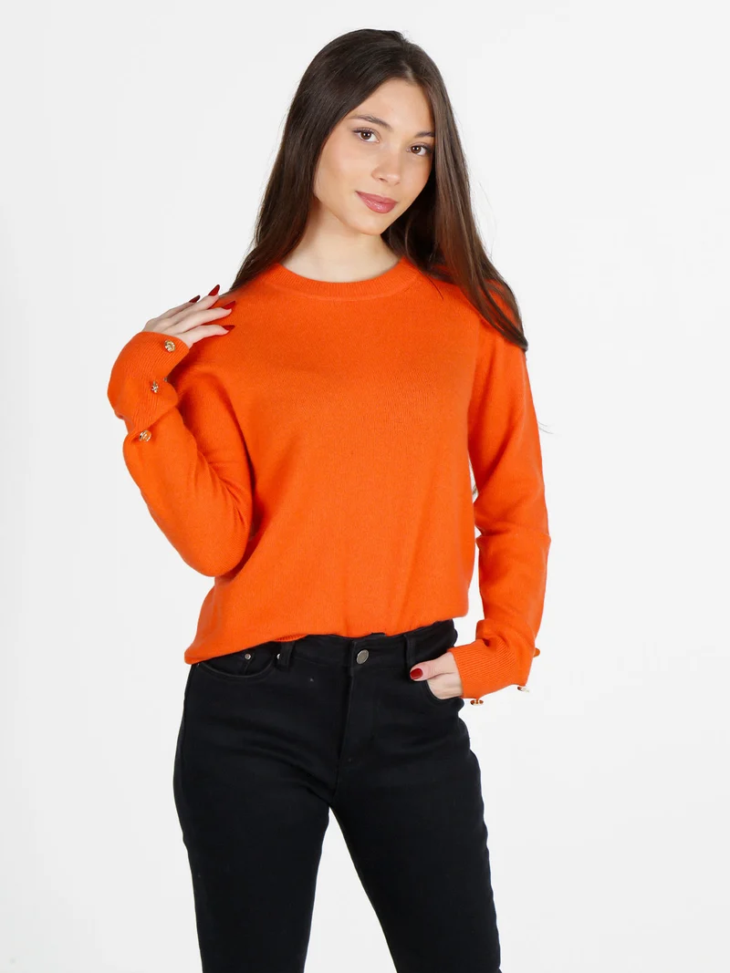 Maglione donna in misto lana e cashemere con bottoni decorativi - arancione