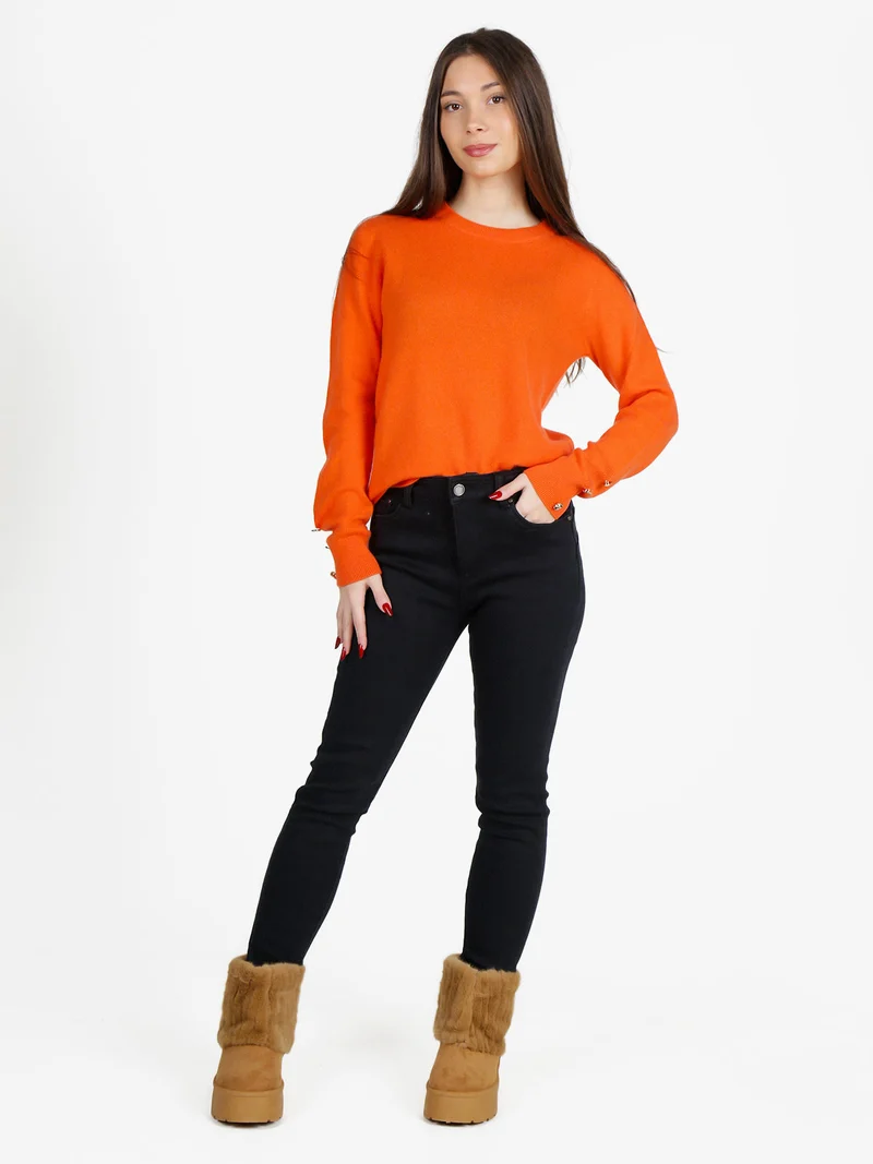 Maglione donna in misto lana e cashemere con bottoni decorativi - arancione