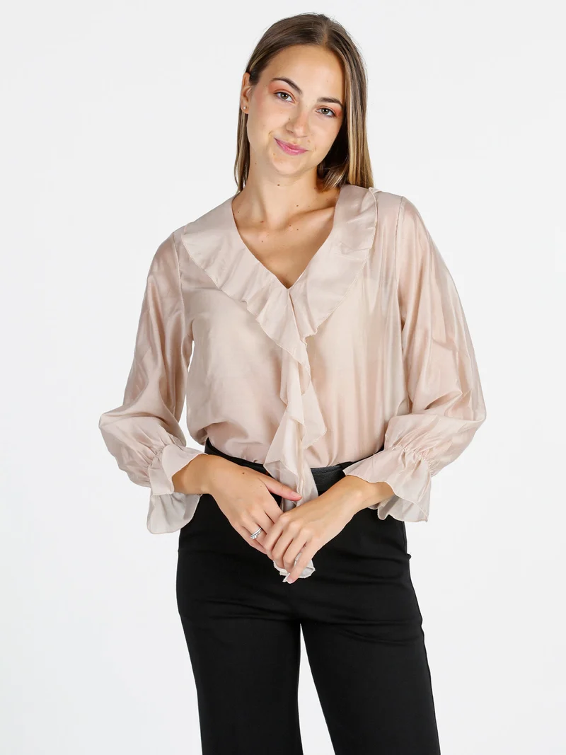 Blusa donna a maniche lunghe con volant - beige