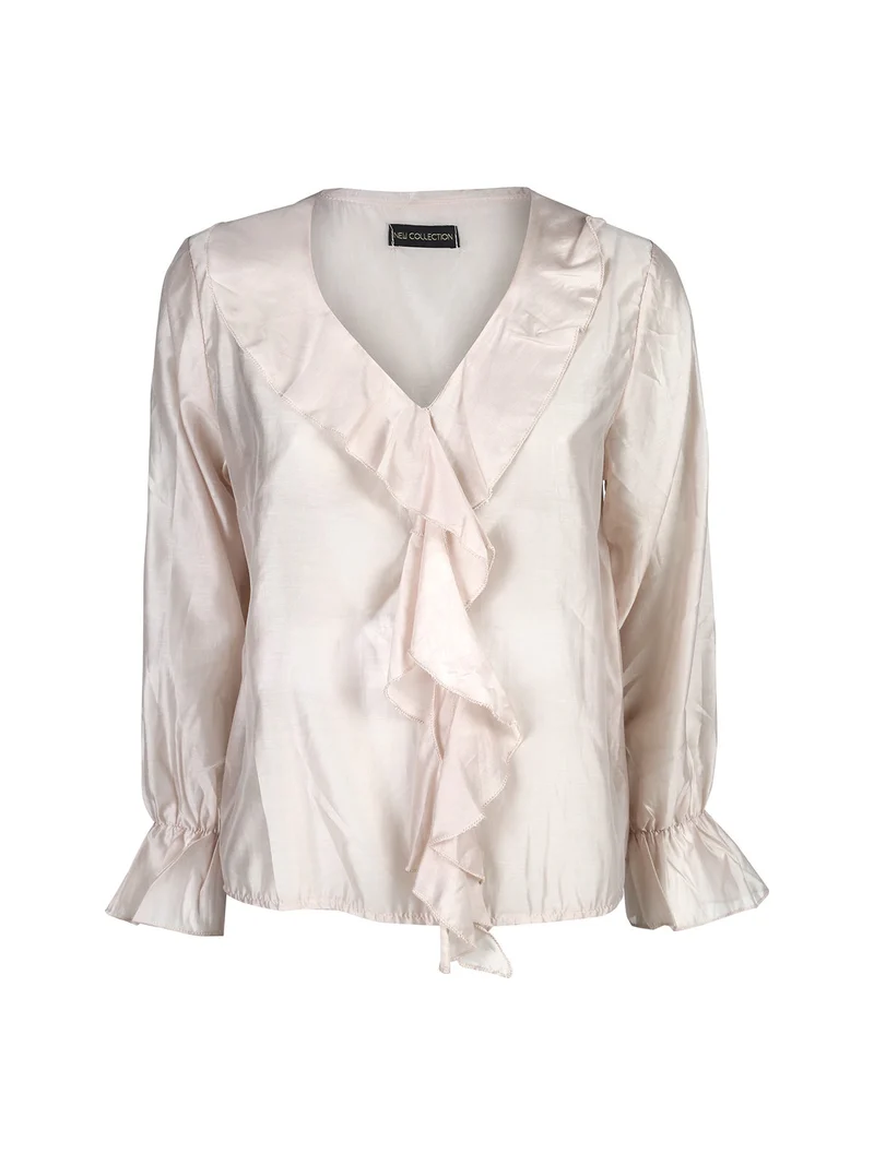 Blusa donna a maniche lunghe con volant - beige