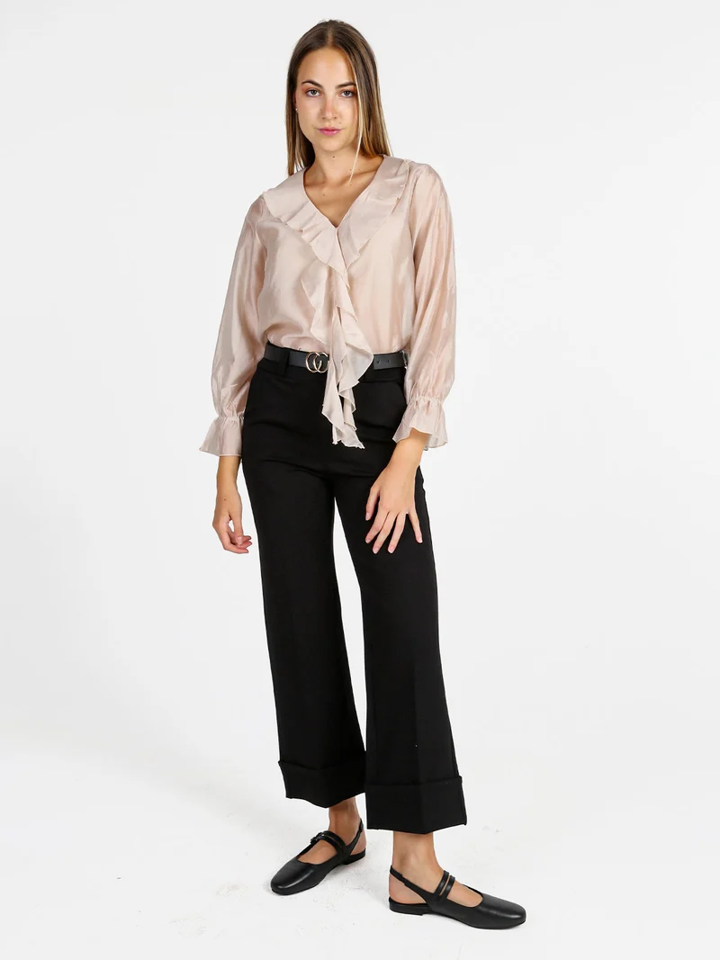 Blusa donna a maniche lunghe con volant - beige