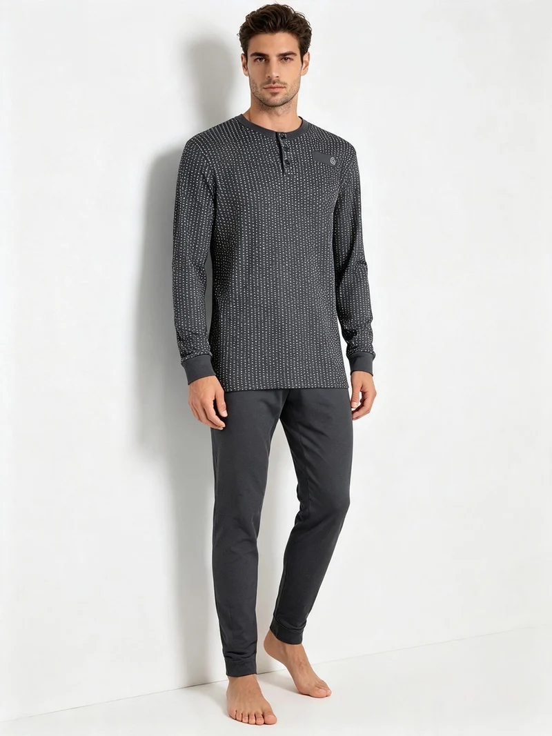 Pigiama lungo da uomo in cotone interlock con stampe - grigio scuro