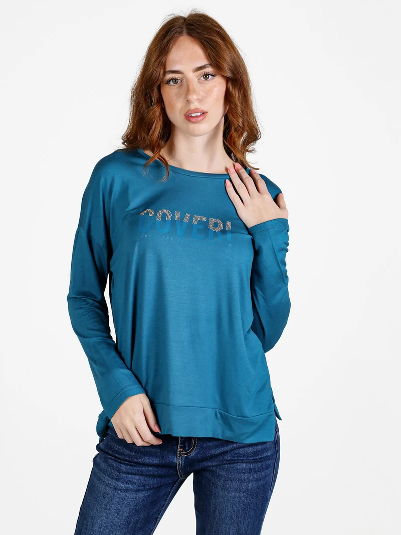 T-shirt donna a maniche lunghe con strass - turchese