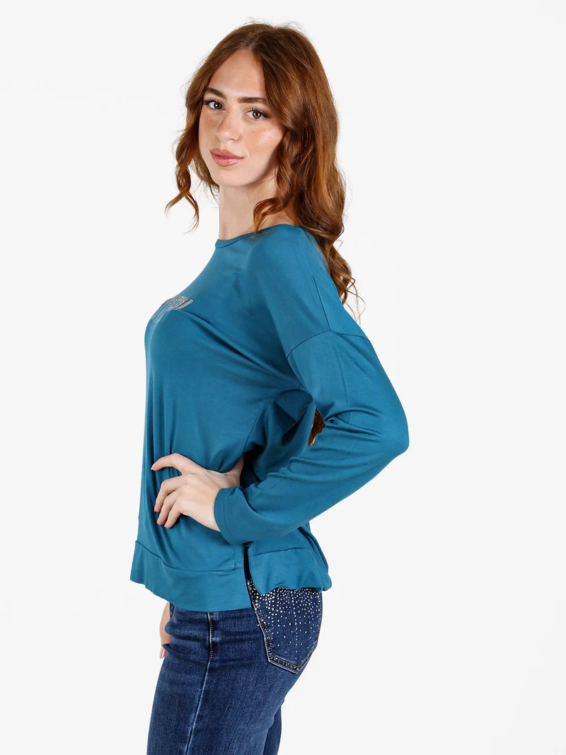 T-shirt donna a maniche lunghe con strass - turchese