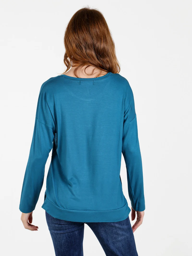 T-shirt donna a maniche lunghe con strass - turchese