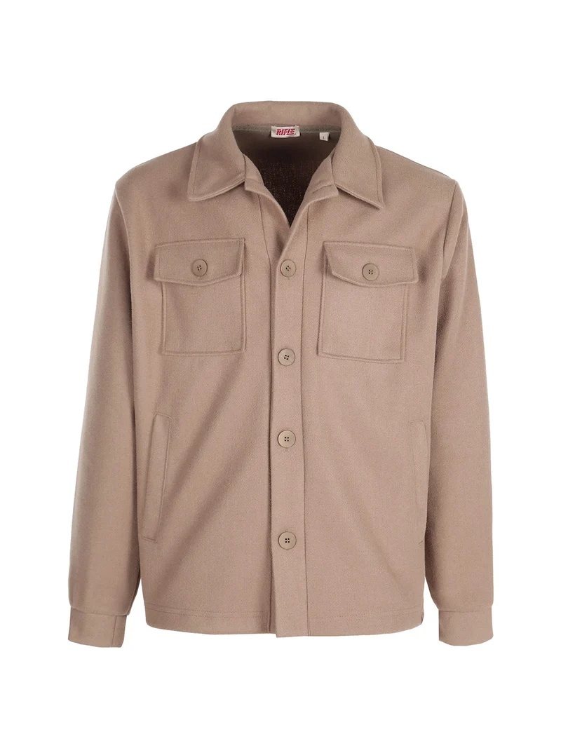 Giacca camicia da uomo effetto lana con bottoni - cammello