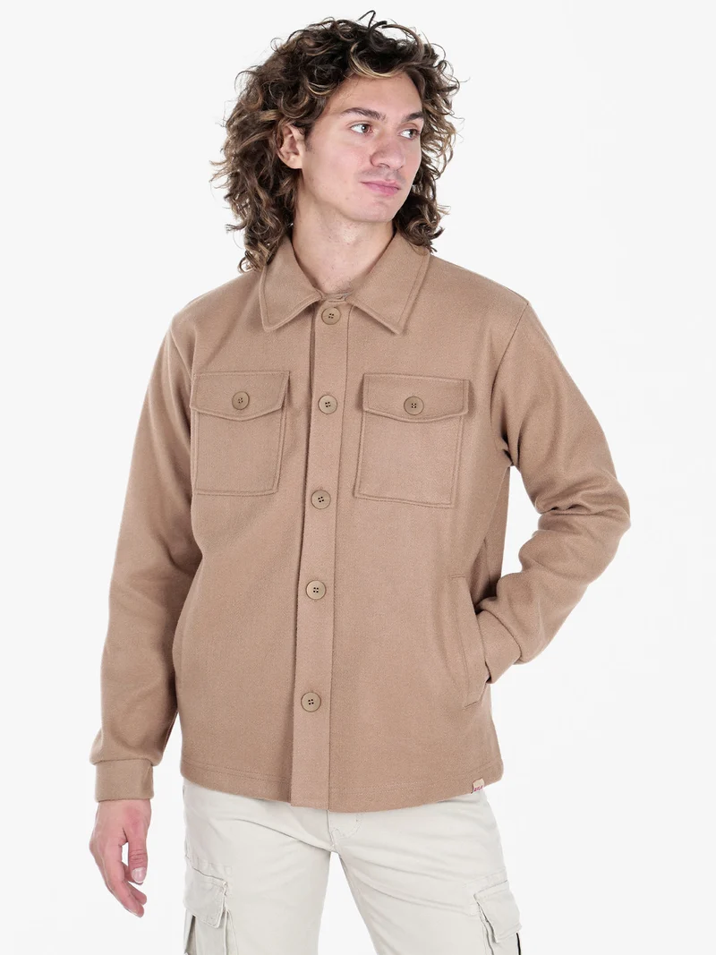 Giacca camicia da uomo effetto lana con bottoni - cammello