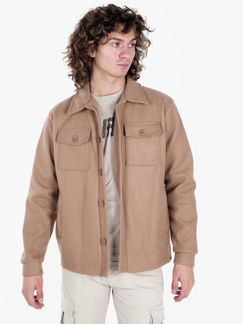 Giacca camicia da uomo effetto lana con bottoni - cammello