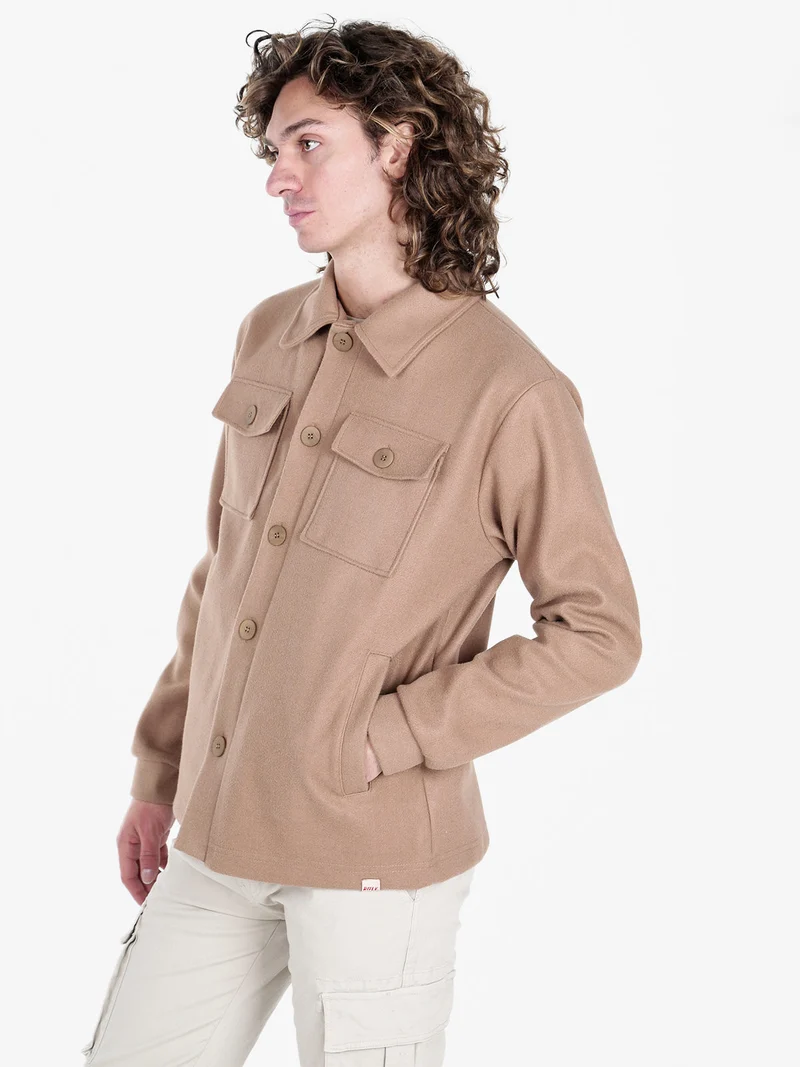 Giacca camicia da uomo effetto lana con bottoni - cammello