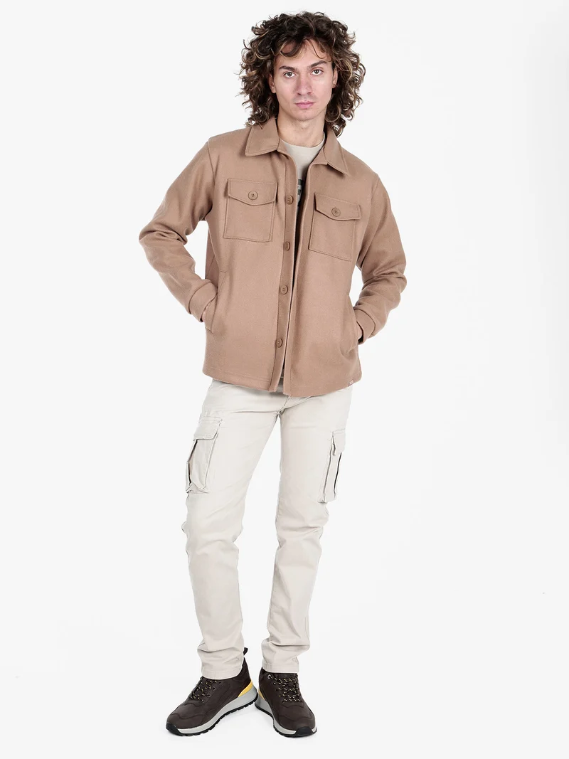 Giacca camicia da uomo effetto lana con bottoni - cammello