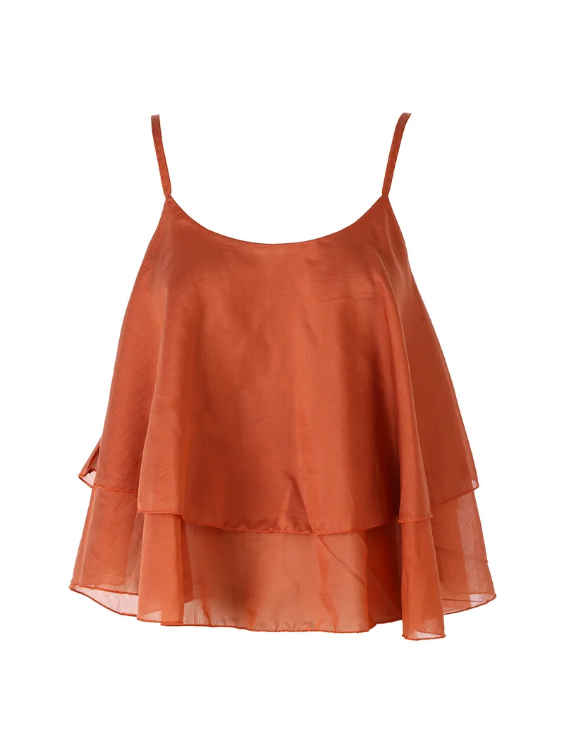 Top donna leggero con spalline strette e balza - cuoio