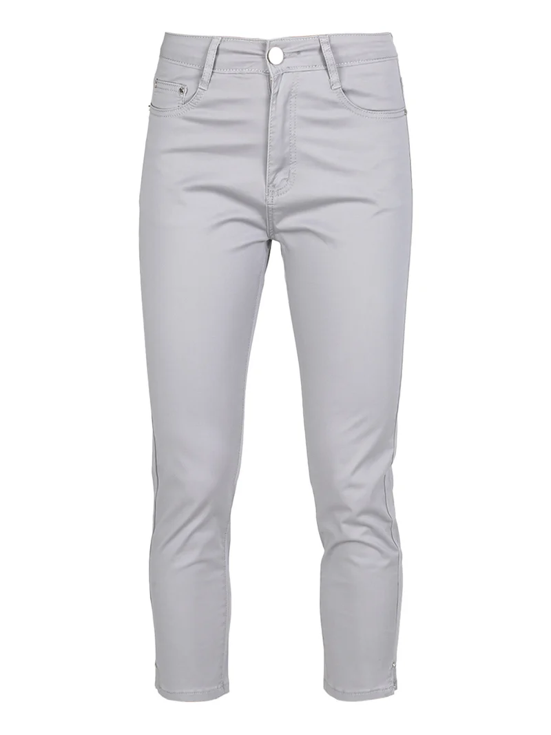 Pantaloni capri donna in cotone con piccolo spacco e strass sul finale - grigio