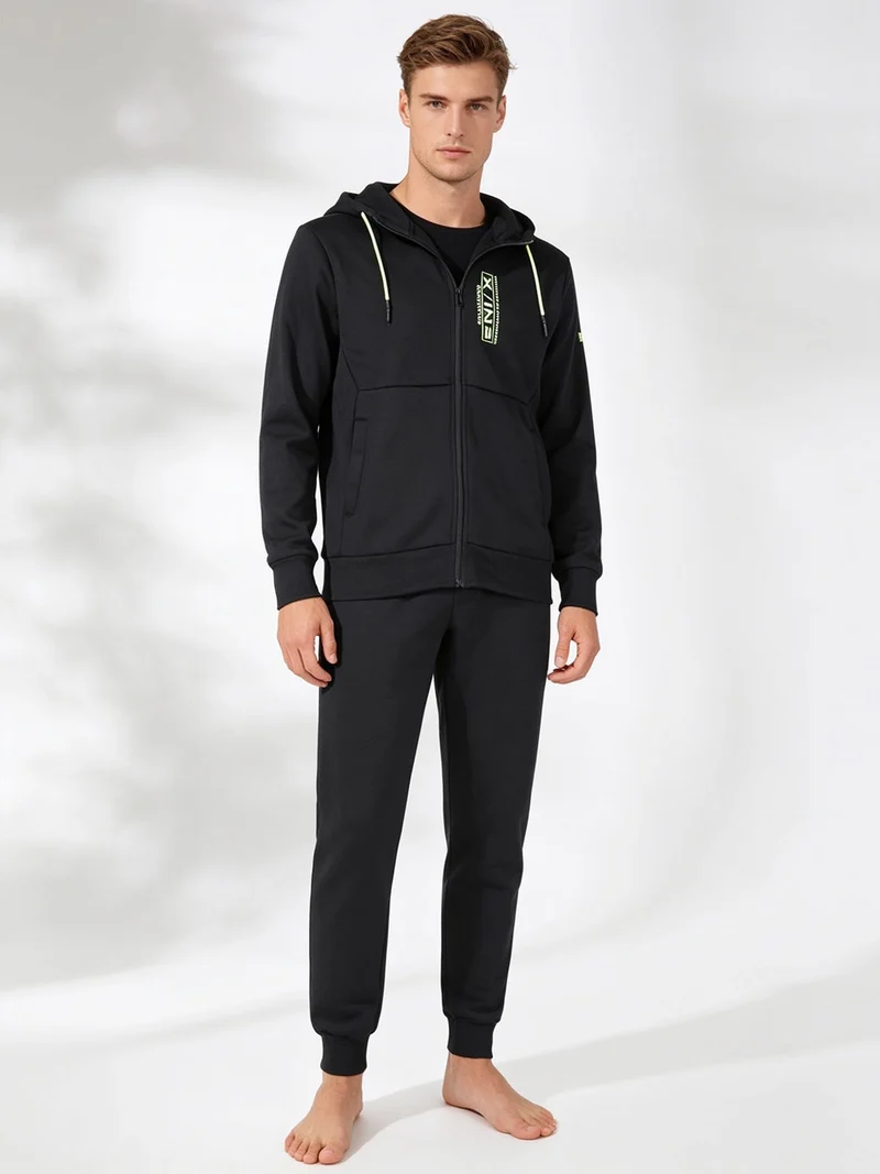 Tuta da uomo 2 pezzi con cappuccio e zip - nero