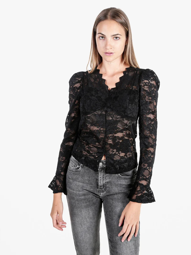 Top donna in pizzo a maniche lunghe - nero