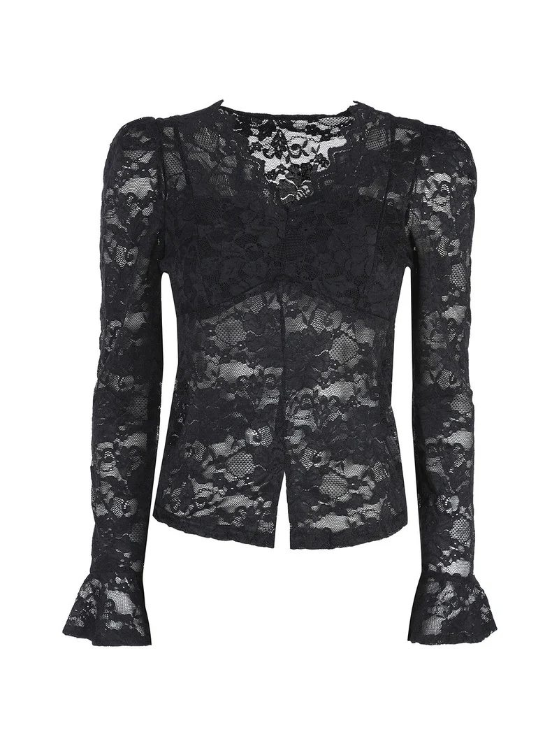 Top donna in pizzo a maniche lunghe - nero
