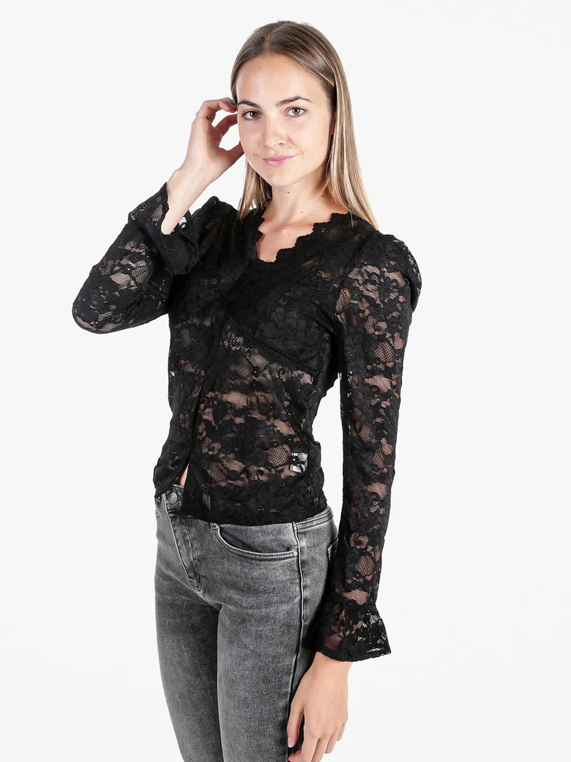 Top donna in pizzo a maniche lunghe - nero