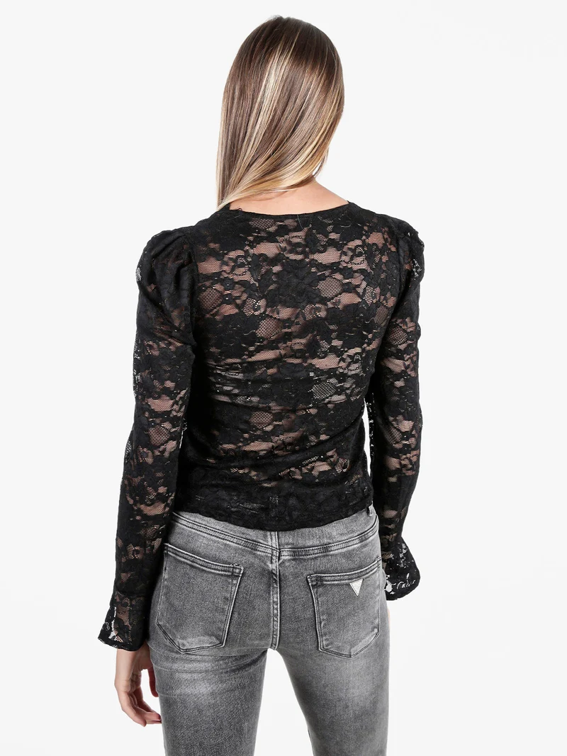 Top donna in pizzo a maniche lunghe - nero