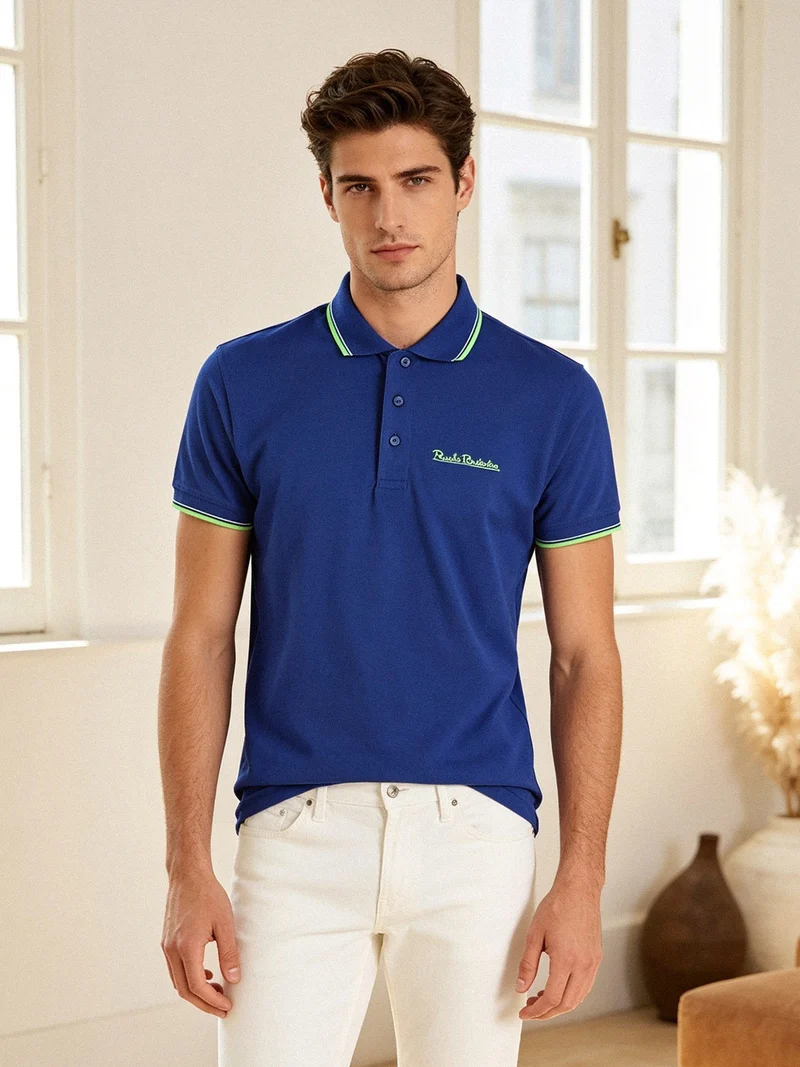 Polo da uomo a maniche corte in cotone - blu