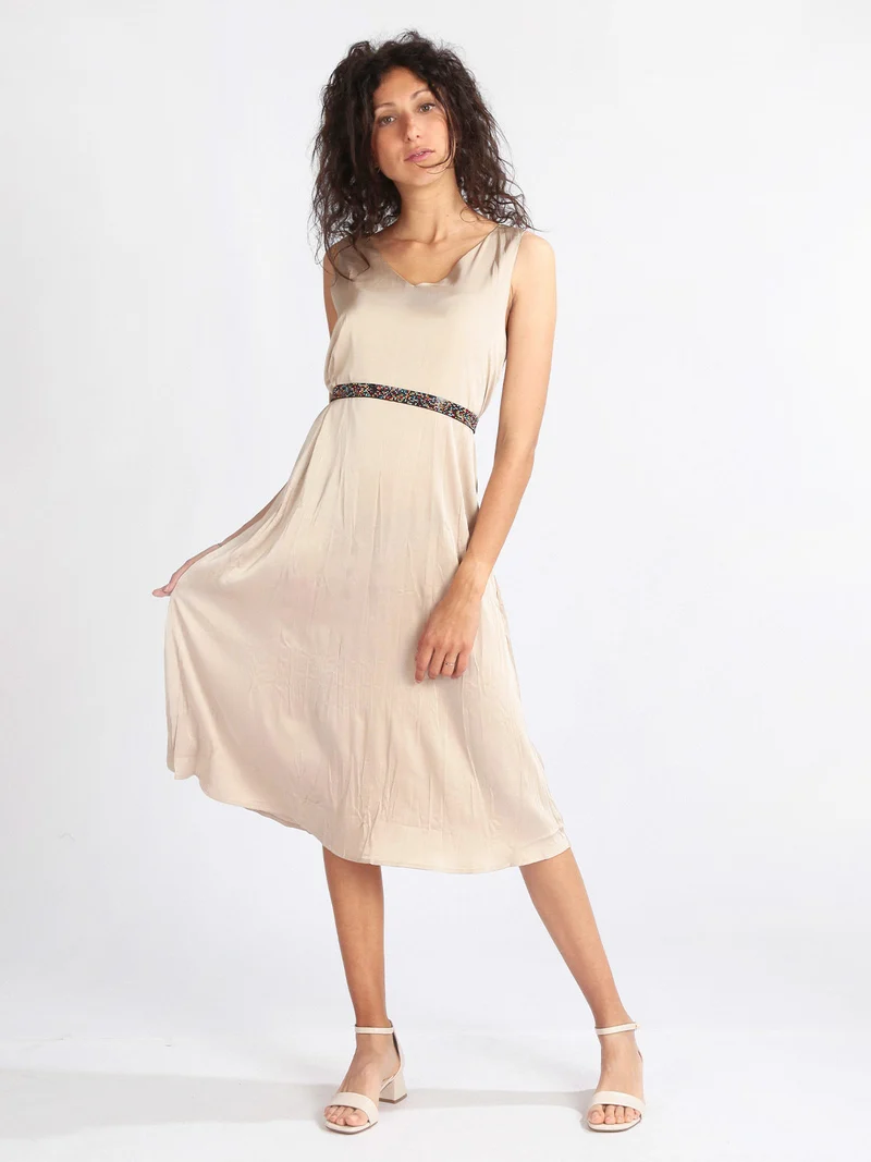 Vestito donna smanicato effetto seta - beige