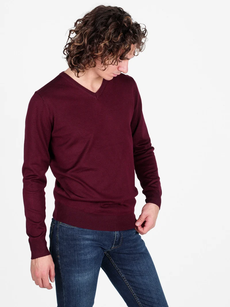 Pullover da uomo in maglia con scollo a V - bordeaux