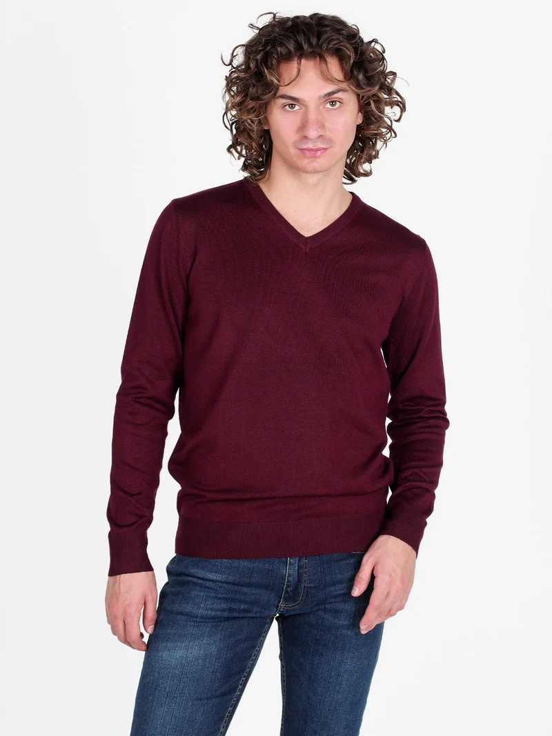 Pullover da uomo in maglia con scollo a V - bordeaux