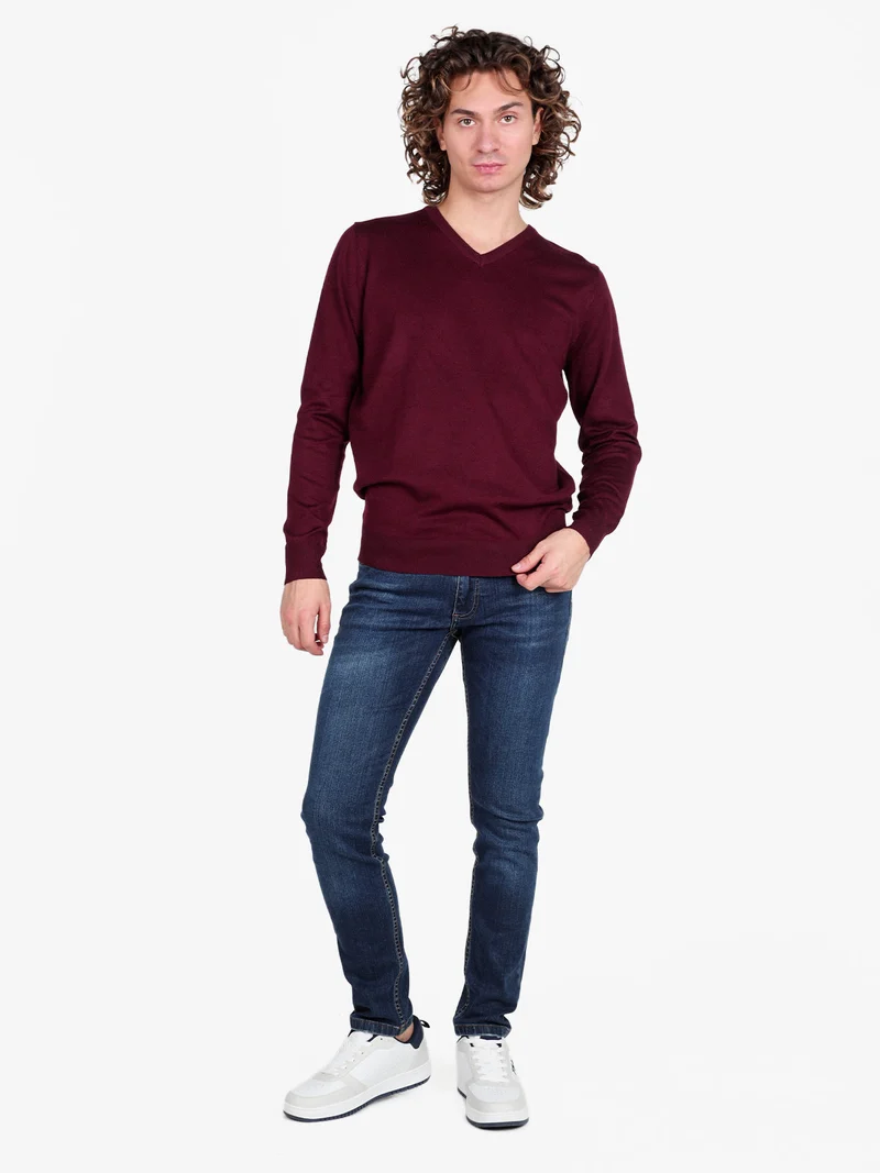 Pullover da uomo in maglia con scollo a V - bordeaux