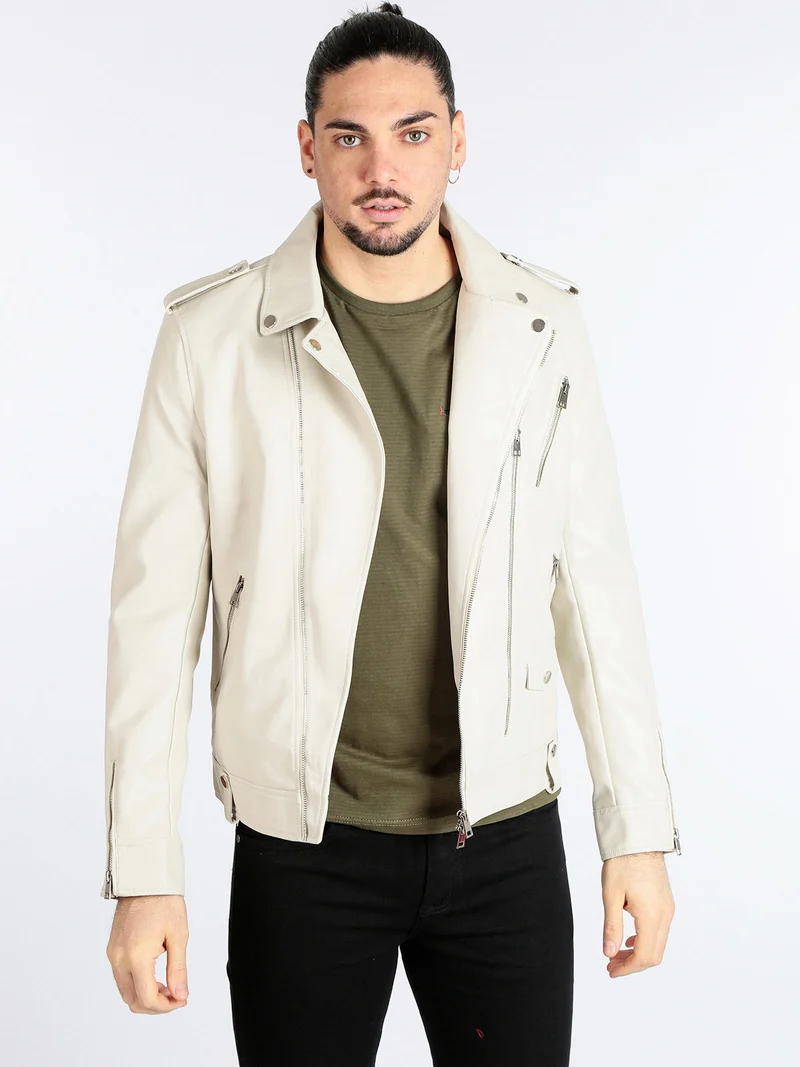 Giacca biker da uomo in ecopelle - bianco