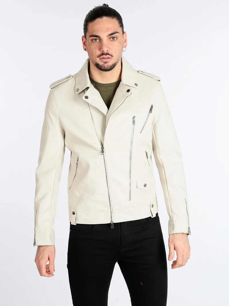 Giacca biker da uomo in ecopelle - bianco