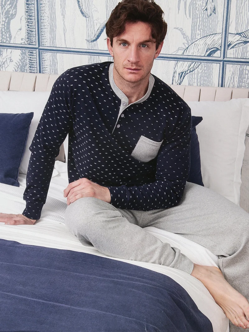 Pigiama lungo da uomo in cotone interlock con taschino - blu scuro