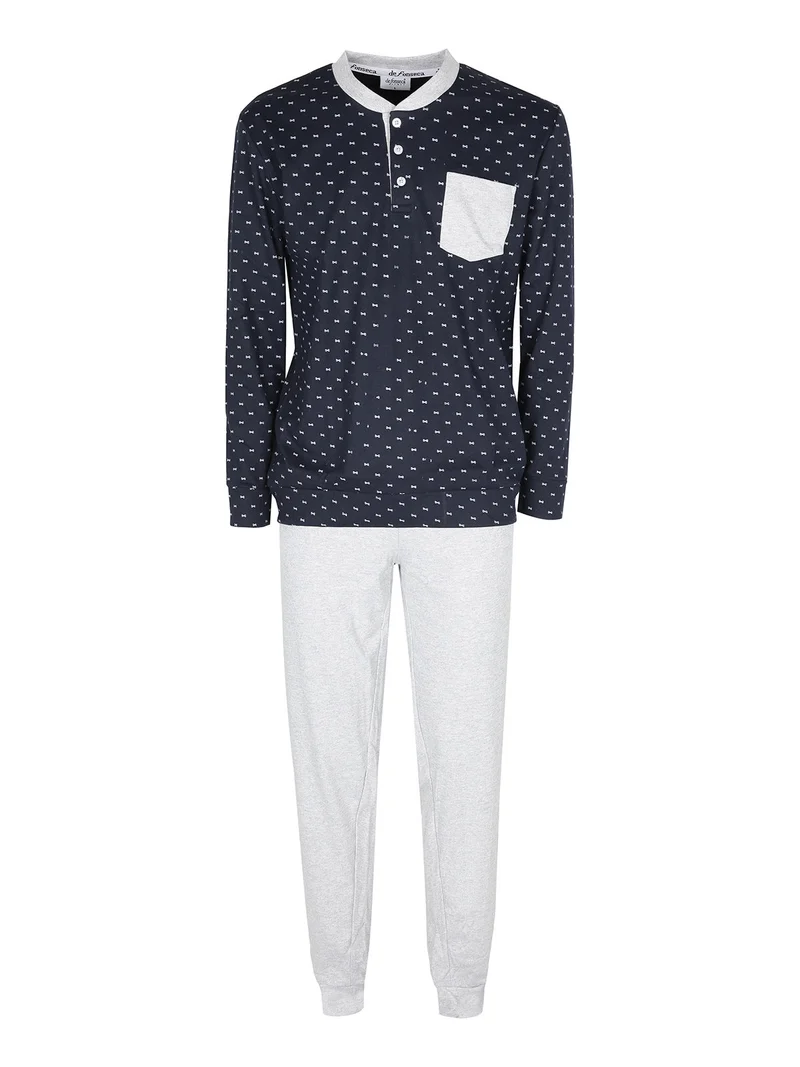 Pigiama lungo da uomo in cotone interlock con taschino - blu scuro