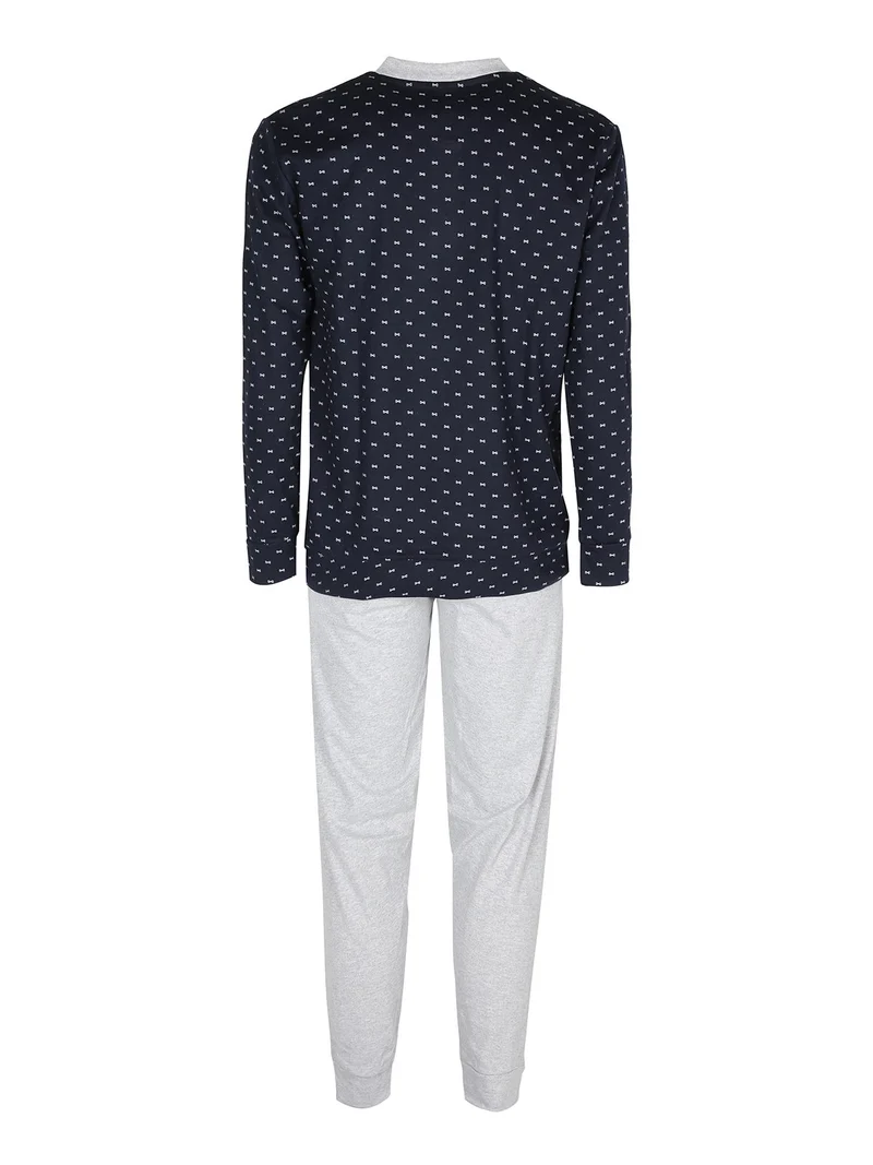 Pigiama lungo da uomo in cotone interlock con taschino - blu scuro