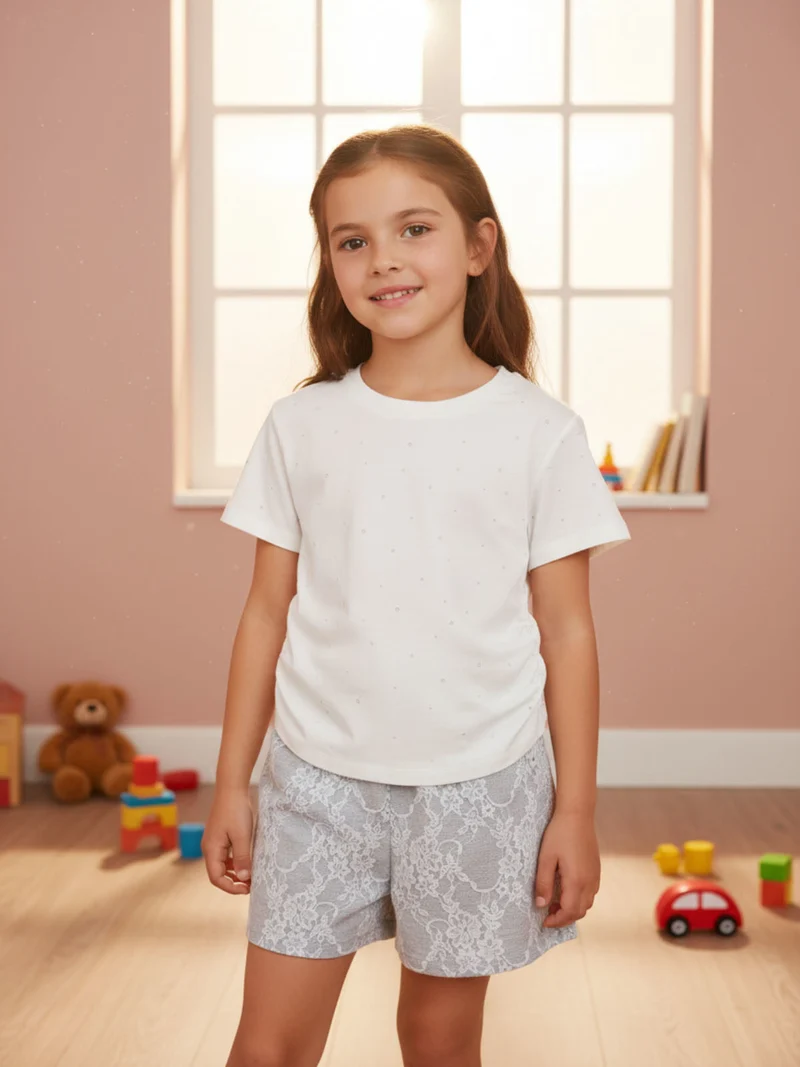 Completo 2 pezzi da bambina con t-shirt e shorts ricamati - bianco