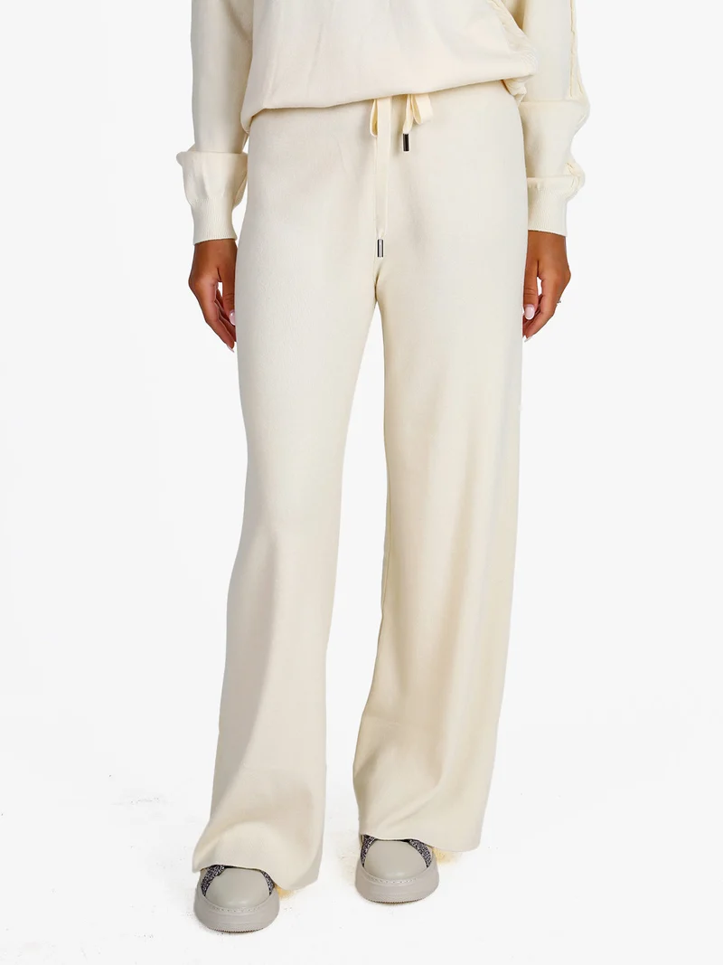 Pantaloni donna in maglia con coulisse - panna