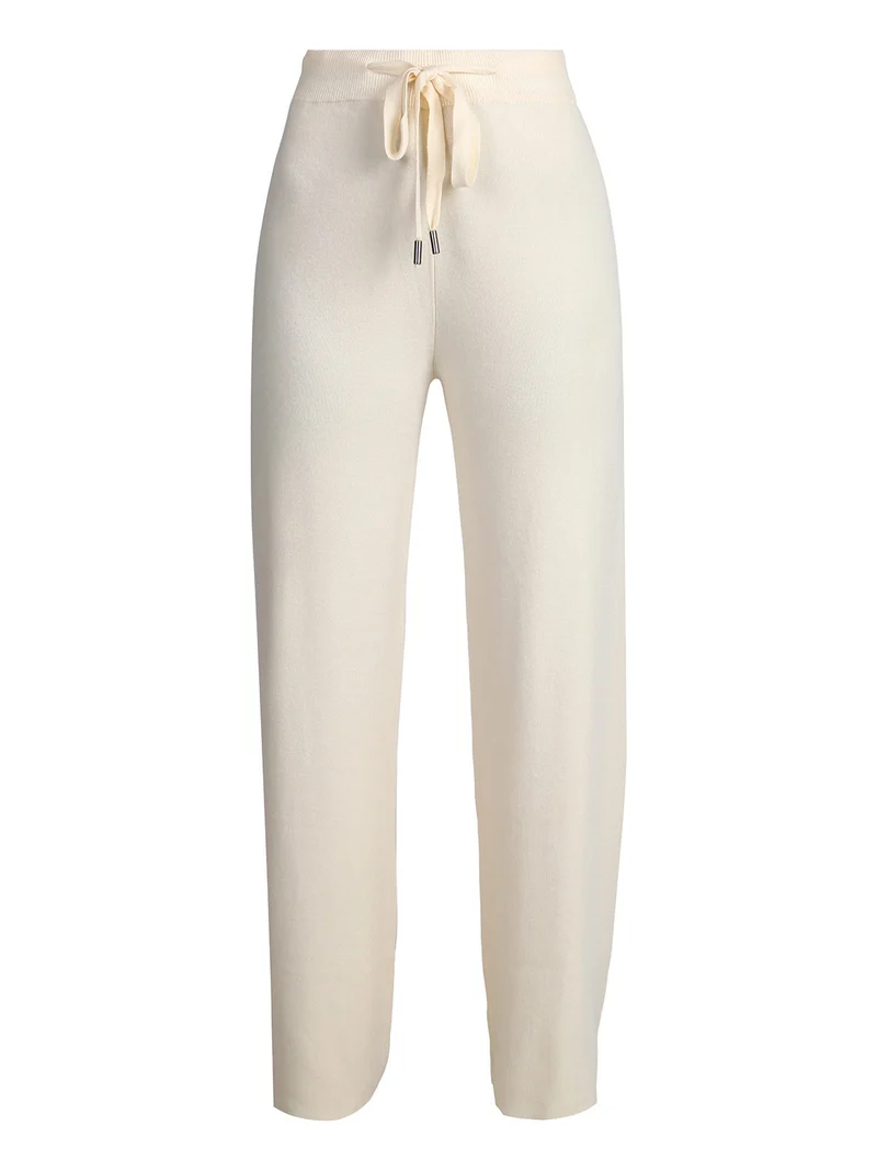 Pantaloni donna in maglia con coulisse - panna