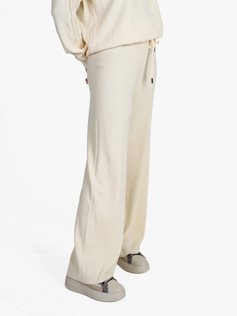 Pantaloni donna in maglia con coulisse - panna