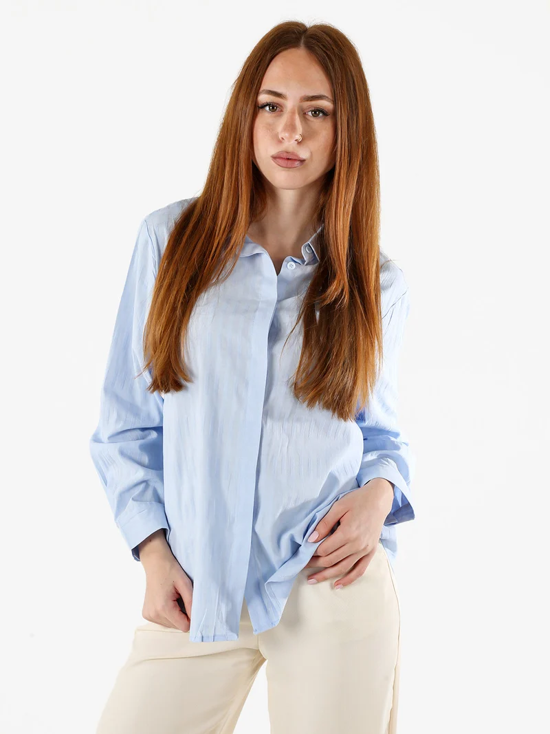 Camicia donna in cotone a maniche lunghe con bottoni coperti - azzurro
