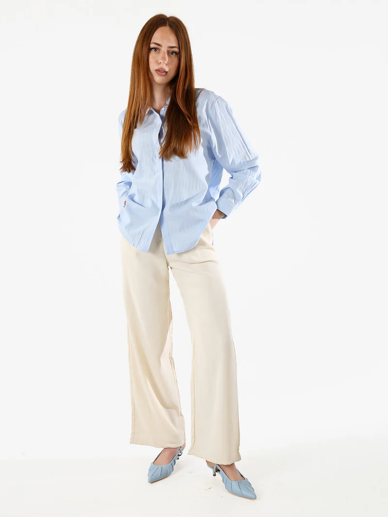 Camicia donna in cotone a maniche lunghe con bottoni coperti - azzurro
