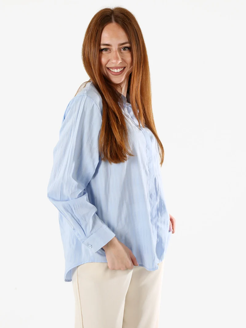 Camicia donna in cotone a maniche lunghe con bottoni coperti - azzurro