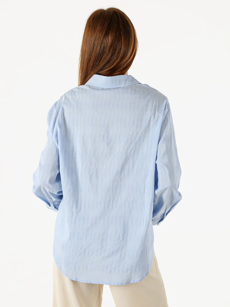 Camicia donna in cotone a maniche lunghe con bottoni coperti - azzurro
