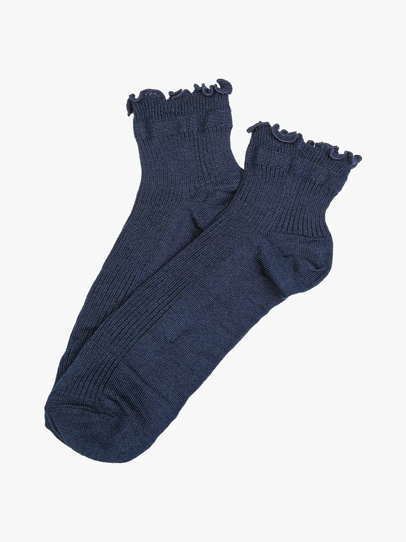Calze corte da donna a costine e bordo a volant - blu scuro