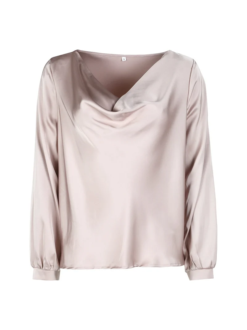 Blusa donna a maniche lunghe con scollo a cascata - beige