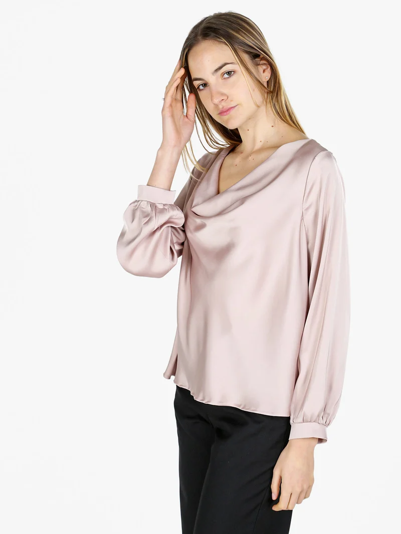 Blusa donna a maniche lunghe con scollo a cascata - beige