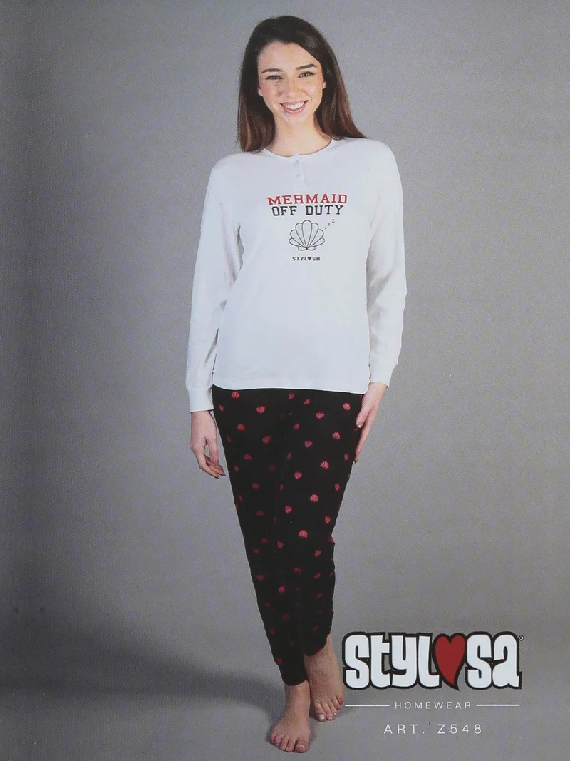 Pigiama lungo donna in cotone con stampe - bianco