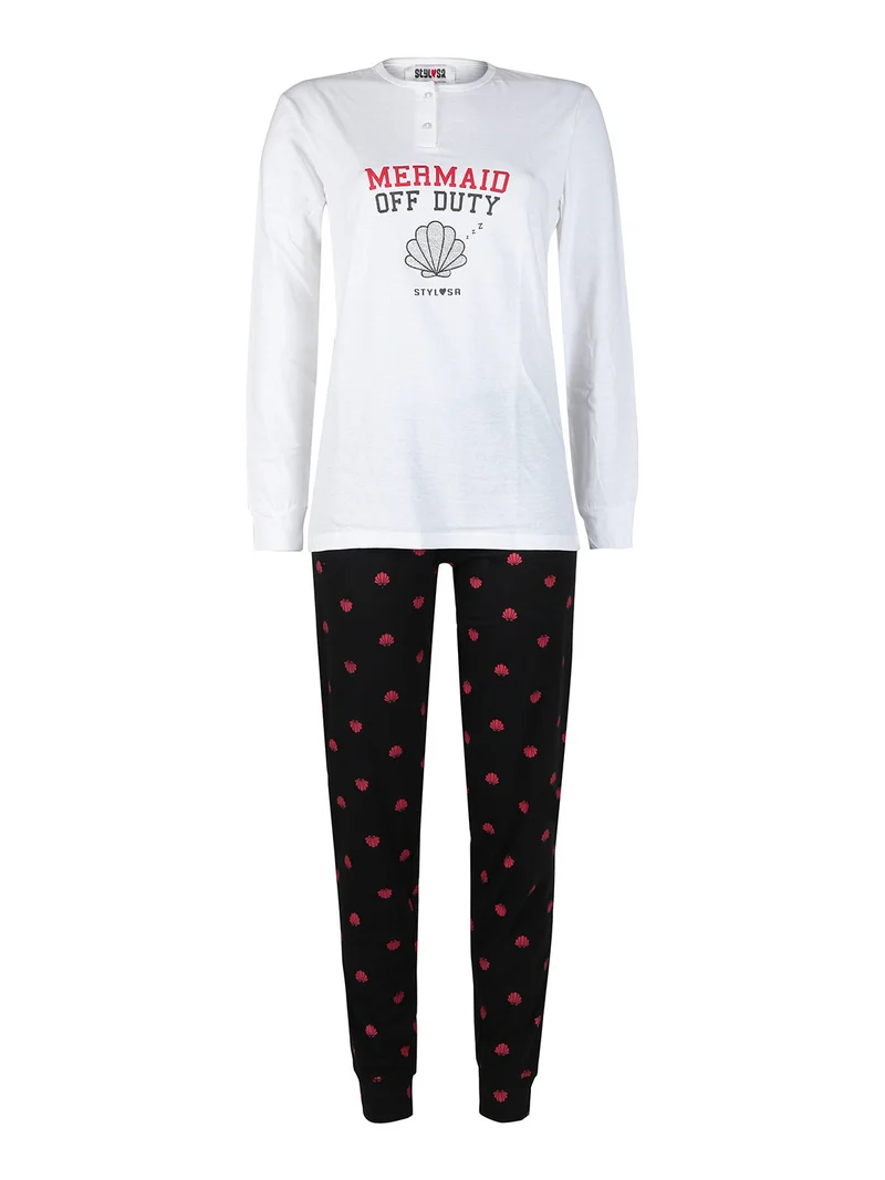 Pigiama lungo donna in cotone con stampe - bianco