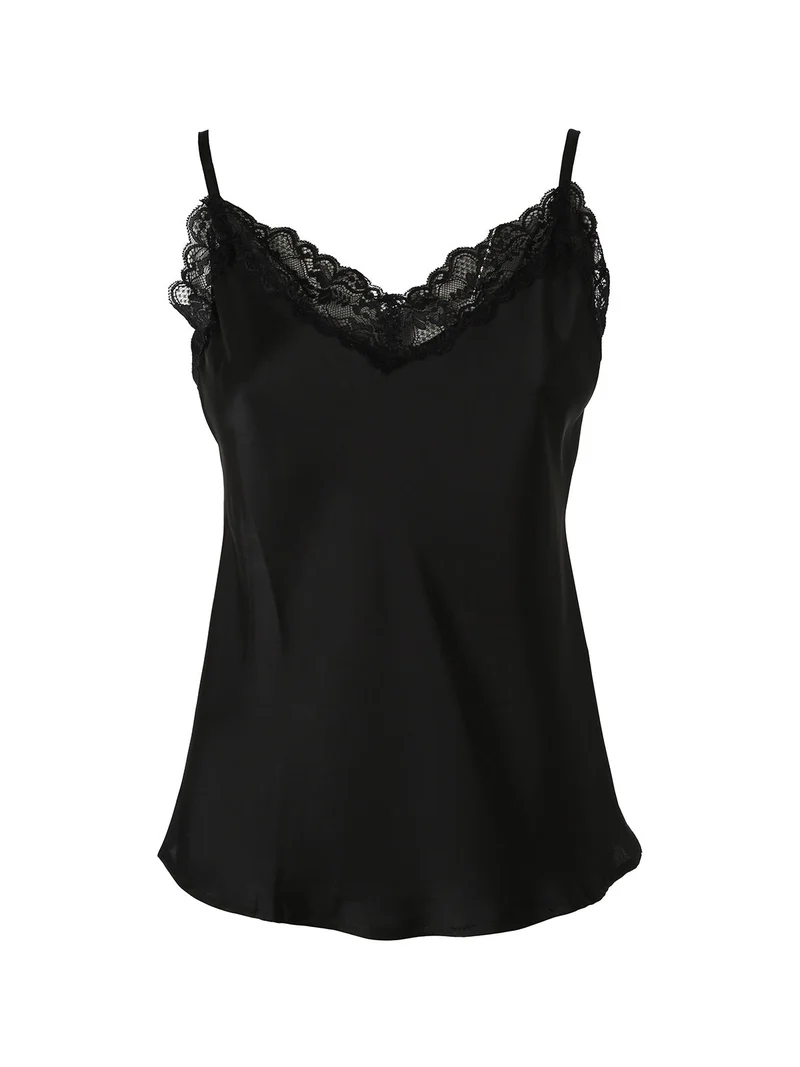 Top donna effetto raso con scollo in pizzo e spalline strette - nero